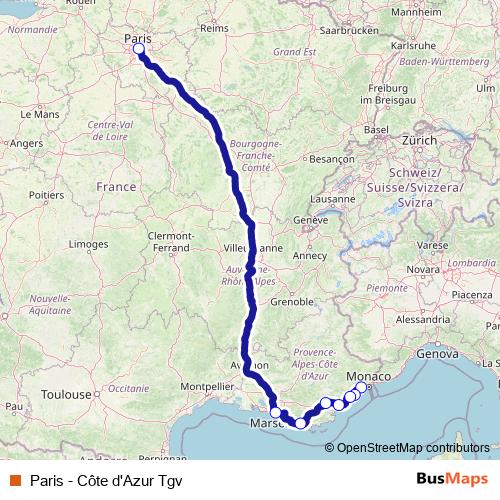 Paris - Côte d'Azur Tgv rail Line Map