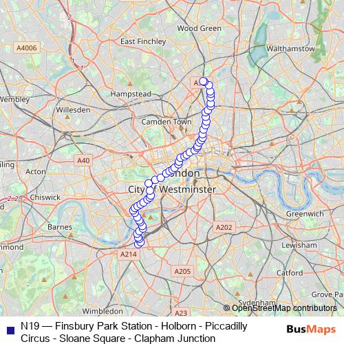 N19 bus Line Map