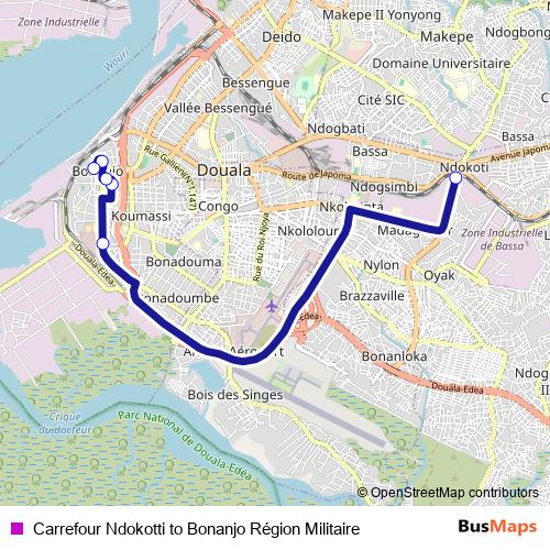 Carrefour Ndokotti to Bonanjo Région Militaire bus Line Map
