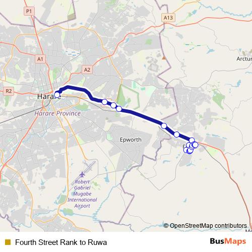 Fourth Street Rank to Ruwa bus Line Map