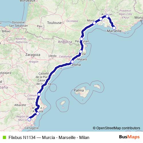 Flixbus N1134 bus Line Map