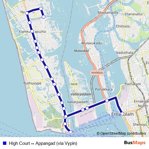 High Court ↔ Appangad (via Vypin) bus Line Map