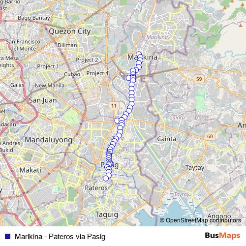 Marikina - Pateros via Pasig bus Line Map