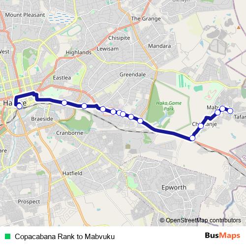 Copacabana Rank to Mabvuku bus Line Map