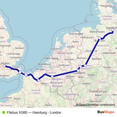 Flixbus N380 bus Line Map