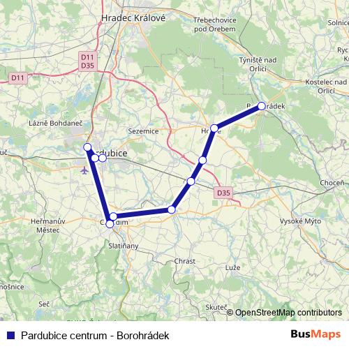 Pardubice centrum - Borohrádek rail Line Map