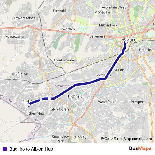 Budiriro to Albion Hub bus Line Map