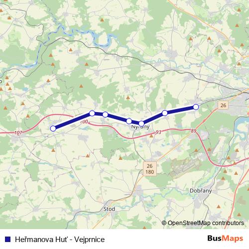 Heřmanova Huť - Vejprnice rail Line Map