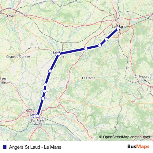 Angers St Laud - Le Mans rail Line Map