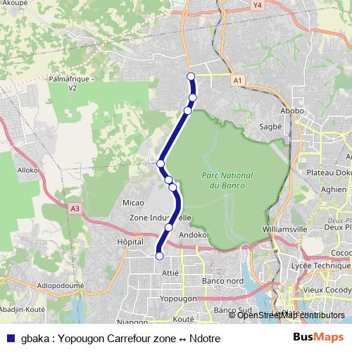 gbaka : Yopougon Carrefour zone ↔ Ndotre bus Line Map