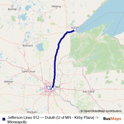 Jefferson Lines 912 bus Line Map