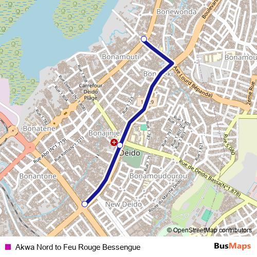 Akwa Nord to Feu Rouge Bessengue bus Line Map