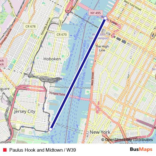 Paulus Hook and Midtown / W39 ferry Line Map