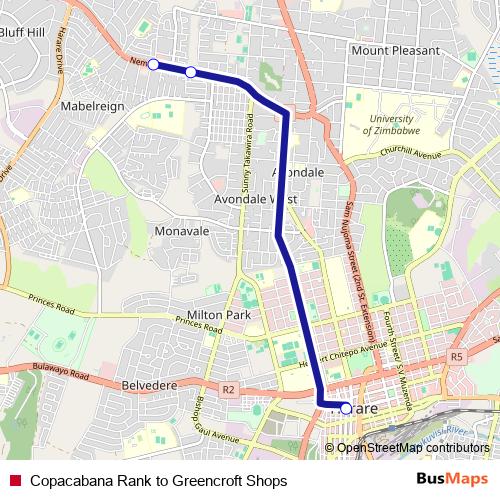 Copacabana Rank to Greencroft Shops bus Line Map