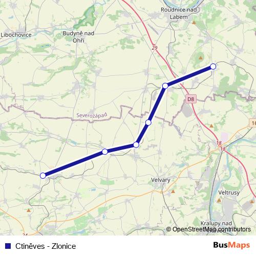 Ctiněves - Zlonice rail Line Map