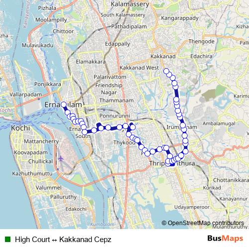 High Court ↔ Kakkanad Cepz bus Line Map