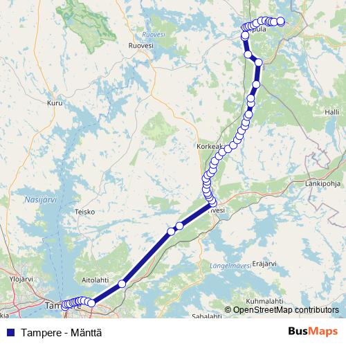 Tampere - Mänttä bus Line Map