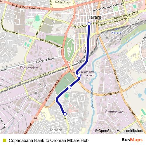 Copacabana Rank to Oroman Mbare Hub bus Line Map