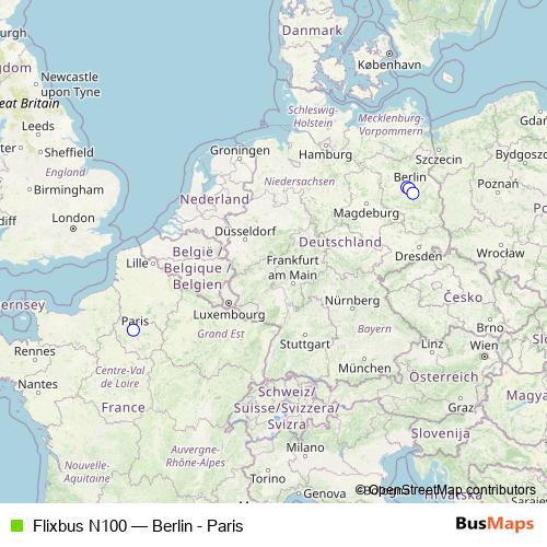 Flixbus N100 bus Line Map