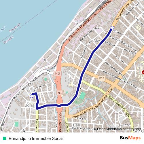 Bonandjo to Immeuble Socar bus Line Map