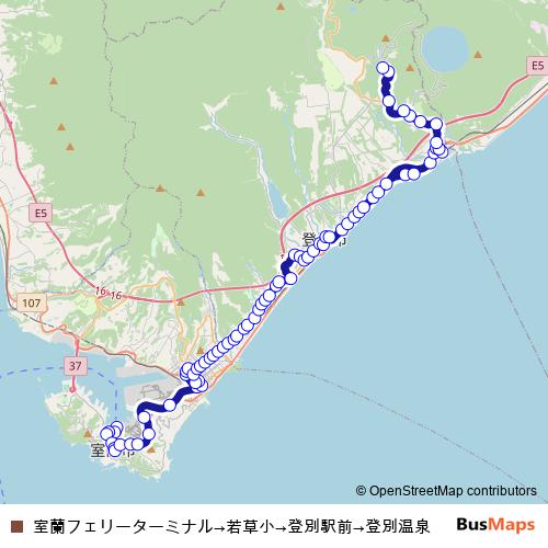 室蘭フェリーターミナル→若草小→登別駅前→登別温泉 bus Line Map