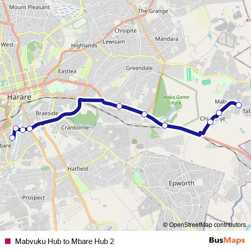 Mabvuku Hub to Mbare Hub 2 bus Line Map