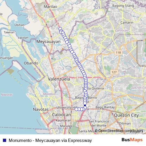 Monumento - Meycauayan via Expressway bus Line Map