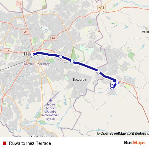 Ruwa to Inez Terrace bus Line Map