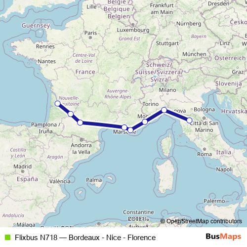 Flixbus N718 bus Line Map
