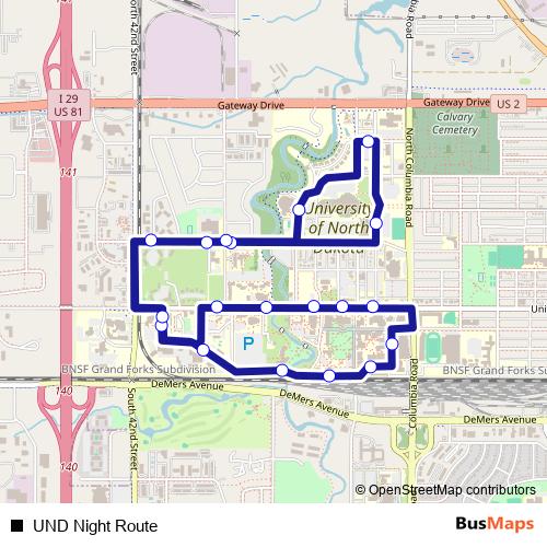 UND Night Route bus Line Map