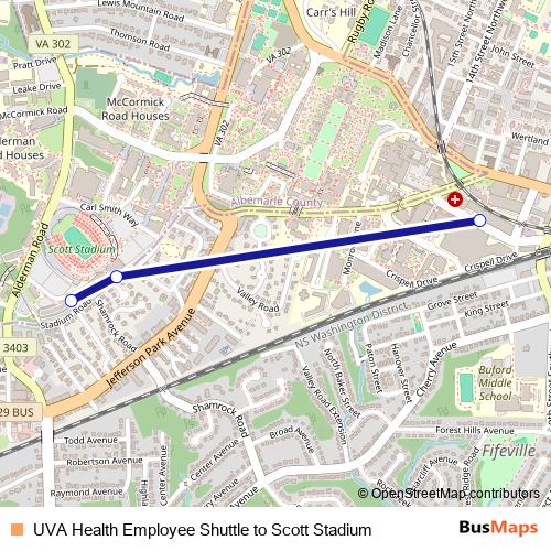 UVA Health Employee Shuttle to Scott Stadium bus Line Map