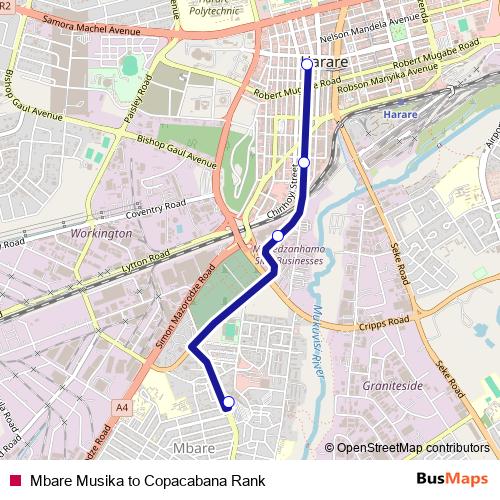 Mbare Musika to Copacabana Rank bus Line Map