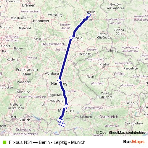 Flixbus N34 bus Line Map