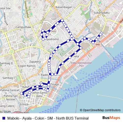 Mabolo - Ayala - Colon - SM - North BUS Terminal bus Line Map