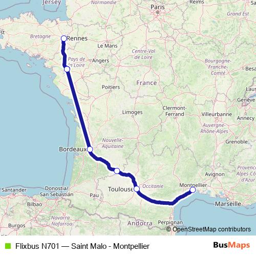 Flixbus N701 bus Line Map