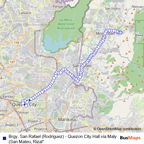 Brgy. San Rafael (Rodriguez) - Quezon City Hall via Maly (San Mateo, Rizal* bus Line Map