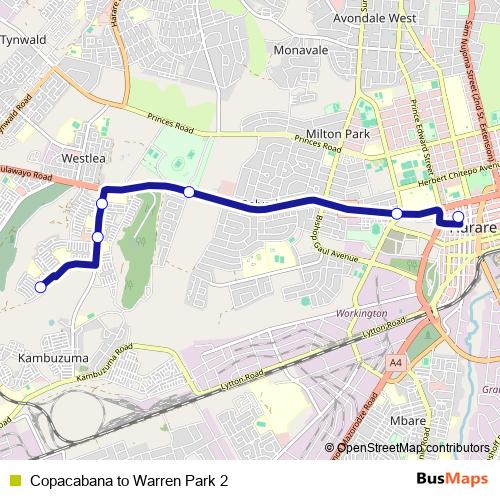 Copacabana to Warren Park 2 bus Line Map