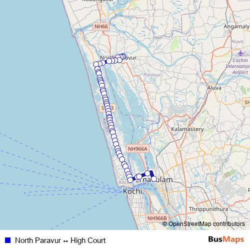 North Paravur ↔ High Court bus Line Map