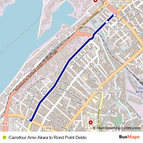 Carrefour Arno Akwa to Rond Point Deido bus Line Map