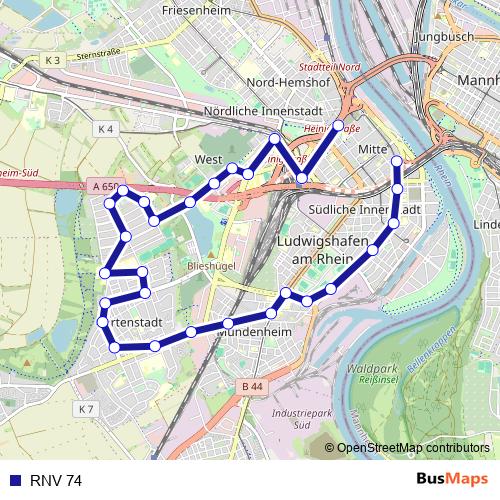RNV 74 bus Line Map