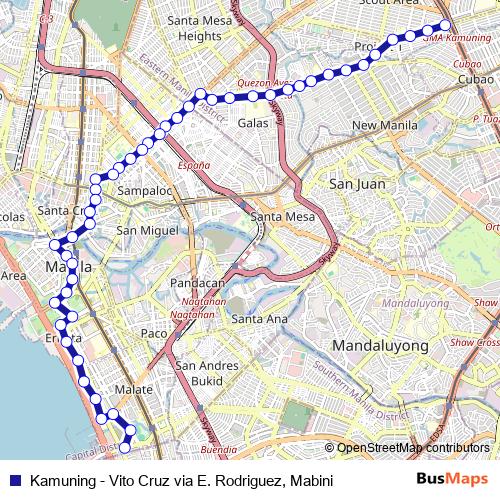 Kamuning - Vito Cruz via E. Rodriguez, Mabini bus Line Map