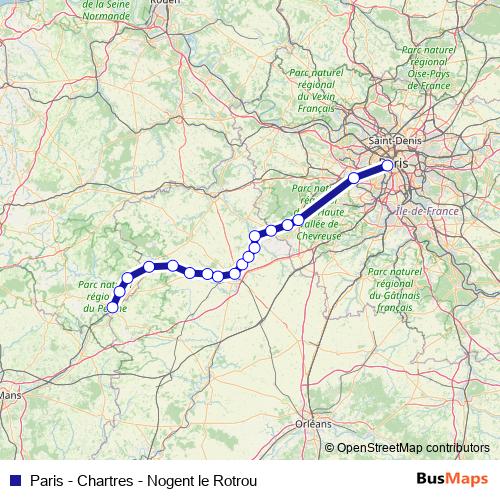 Paris - Chartres - Nogent le Rotrou rail Line Map