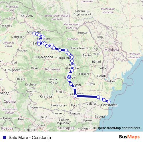 Satu Mare - Constanţa rail Line Map