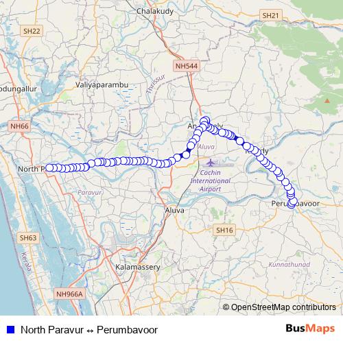 North Paravur ↔ Perumbavoor bus Line Map