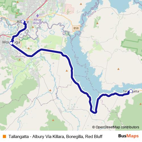 Tallangatta - Albury Via Killara, Bonegilla, Red Bluff bus Line Map