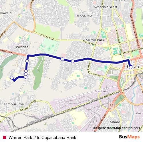 Warren Park 2 to Copacabana Rank bus Line Map