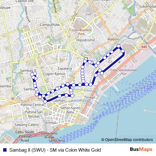 Sambag II (SWU) - SM via Colon White Gold bus Line Map