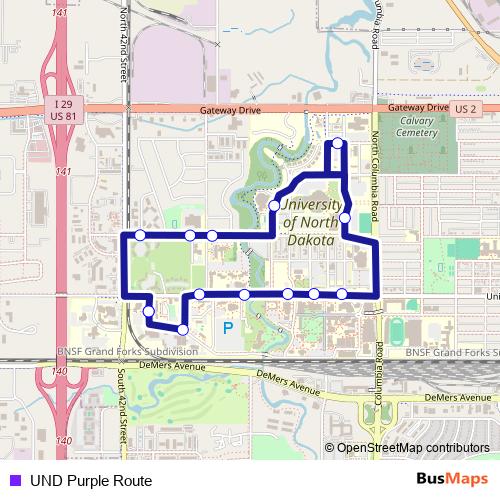 UND Purple Route bus Line Map