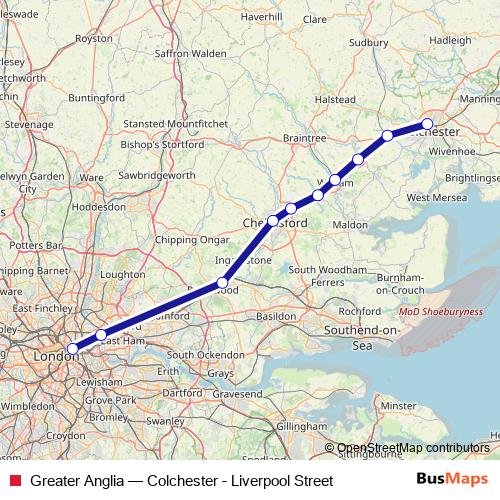 Greater Anglia Route: Stops, Schedules & Maps - Colchester - Liverpool ...