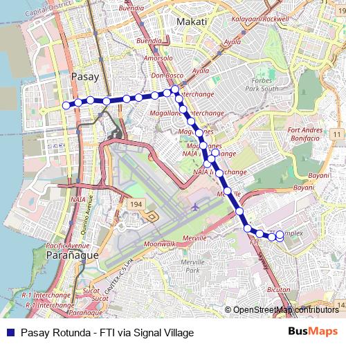 Pasay Rotunda - FTI via Signal Village bus Line Map